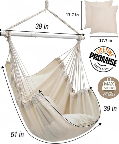 Miztli Hammock Chair with Hanging Chair Cover – 2 Cushions, Steel Spreader Bar with Anti-Slip Rings, Comfortable Indoor & Outdoor Hanging Chair – Includes Protective Waterproof Cover (57x45.5 in)
