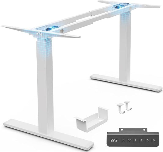 Huuger Dual Motor Electric Standing Desk Frame, Sit Stand up Desk Leg for 47.2” to 86.6” Desktop, Computer Desk Leg with Cable Tray, 3 Memory Height Presets, 2 Hooks, White Frame Only, 1CD128W