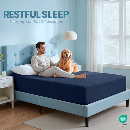 Twin Size Mattress Protector Waterproof, Premium 200 GSM Terry Mattress Cover, Soft & Breathable Bed Cover, Fitted Sheet Style Stretchable Deep Pockets 15" by Utopia Bedding (Navy Blue)