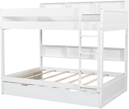 Harper & Bright Designs Rustic Wood Bunk Bed with Pull-Out Trundle, Twin Over Twin Wooden Bunk Bed with Large Cabinet Beside Upper and Down Bed, White