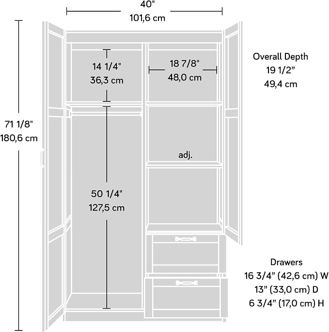 Sauder Select Multipurpose Bedroom Armoire Wardrobe Closet Pantry Storage Cabinet with Storage Drawers and Hanging Rail, in Cinnamon Cherry