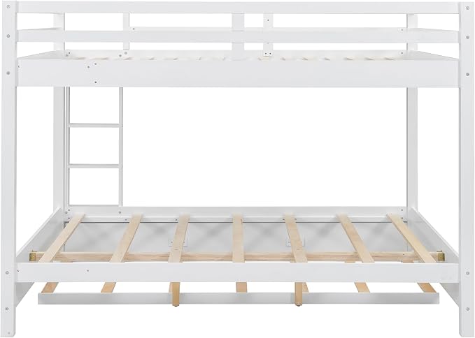 Merax Wood Queen Bunk Bed with Twin XL Trundle & Ladder - Space-Saving Design, Sturdy Frame & Guard Rails,White