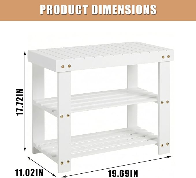 GAOMON Sturdy 3-Tier Bamboo Shoe Rack Bench – Modern Entryway Organizer with Seat & Storage Shelf, Holds up to 130kg, Perfect for Closet, Bedroom, Living Room, 28.7 x 50 x 45.3 cm – White