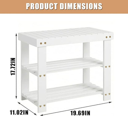 GAOMON Sturdy 3-Tier Bamboo Shoe Rack Bench – Modern Entryway Organizer with Seat & Storage Shelf, Holds up to 130kg, Perfect for Closet, Bedroom, Living Room, 28.7 x 50 x 45.3 cm – White