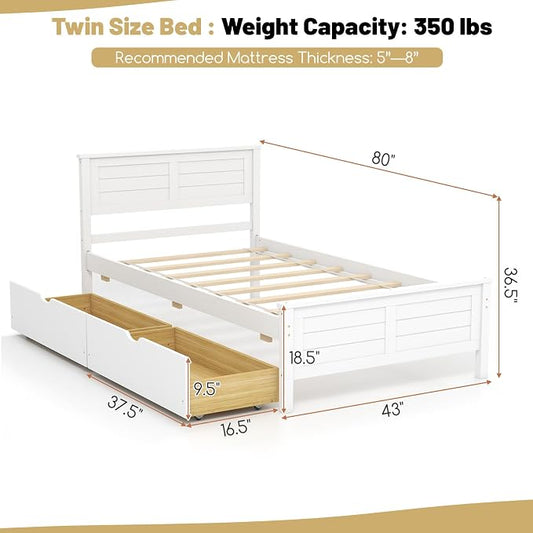 GOFLAME Twin Size Bed Frame with 2 Drawers, Platform Bed with Solid Wood Headboard & Footboard, Wood Slats Support Mattress Foundation, Under Bed Storage, No Box Spring Needed, Easy Assembly, White