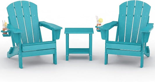 Garvee Folding Adirondack Chair Set of 2 with Side Table, HDPE Outdoor Patio Chair with Cup Holder, All Weather Resistent Wooden Textured for patios, Decks, Gardens, fire Pit, Lake Blue