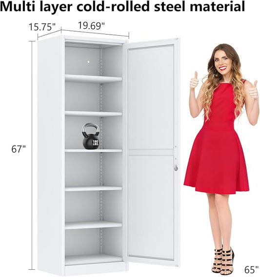Tall Narrow Slim Metal Storage Cabinet with Lock and 5 Adjustable Shelves,Steel File Cabinets,Kitchen Pantry Cabinet Locker Organizer - 67" Storage Cabinets Bathroom,Bedroom,Office,White