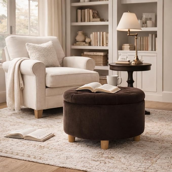 HomePop 28" Button Tufted Velvet Round Storage Ottoman - Chocolate Brown Velvet