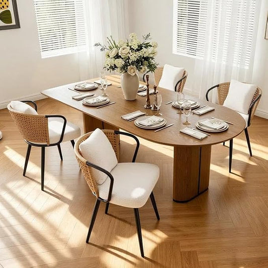 Rattan Dining Chairs Set of 4, Modern Upholstered Kitchen Chair with Metal Legs, Ergonomic Curved Backrest, Mid Century Living Room Chairs with Throw Pillow, Natural