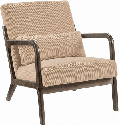 Garvee Mid-Century Modern Accent Chair, Fine Wale Corduroy Upholstery, Solid Wood Armchair with Removable Lumbar Pillow, Sturdy Reading Chair for Living Room, Bedroom, Guest Room, Easy Assembly, Brown