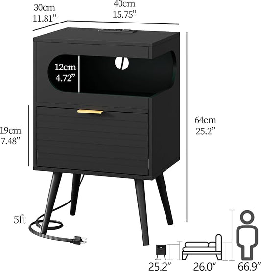 Veegle Nightstand,Modern Bedside Table with Storage Drawer and Open Wood Shelf, Accent Night Stand with Solid Wood Legs for Living Room, Bedroom and Small Spaces,Easy Assembly (Black-1)