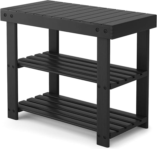 Sweetcrispy 3-Tier Shoe Rack Bench for Entryway, 19 Inches, Black | Bamboo Shoe Storage Bench, Shoes Rack for Entrance, Living Room, Balcony, 4 Pairs, 286lb Capacity