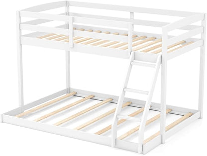 KOMFOTT Low Bunk Bed Twin Over Full, Solid Wood Twin Bed Frame with Built-in Ladder & Safety Guardrails, Space-Saving Low Bunk Bed for Kids, Teens, No Box Spring Needed
