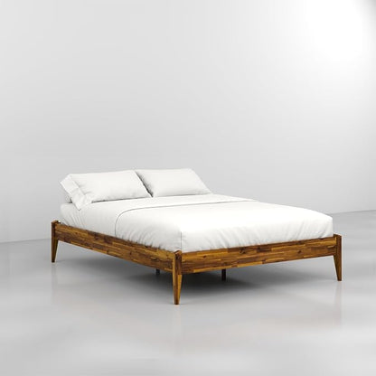 Bme Dinkee Wooden Queen Bed Frame, 15 Inch Height, Elegant Minimalist Modern Design with Japanese Joinery, Durable Wood Slats for Reliable Support, No Box Spring Required, Caramel