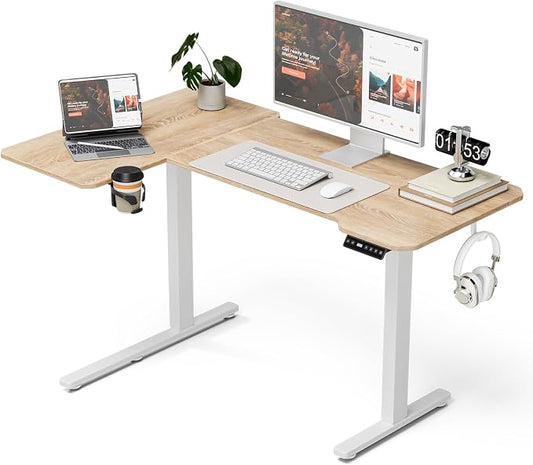 Acrolix L Shaped Electric Standing Desk - 51x31.5 Inch Reversible Corner Sit Stand Desk with Hook&Cup Holder,Electric Height Adjustable Table,for Small Home Office&Bedroom Computer Desk, Oak