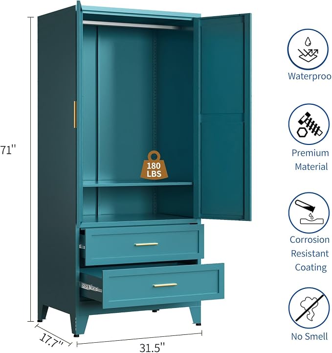 Steel Armoire Wardrobe Closet, 71" Metal Clothing Storage Cabinets with 2 Doors, 2 Drawers and 1 Adjustable Shelf, Blue Wardrobe Cabinet with Hanging Rod for Bedroom, Gym
