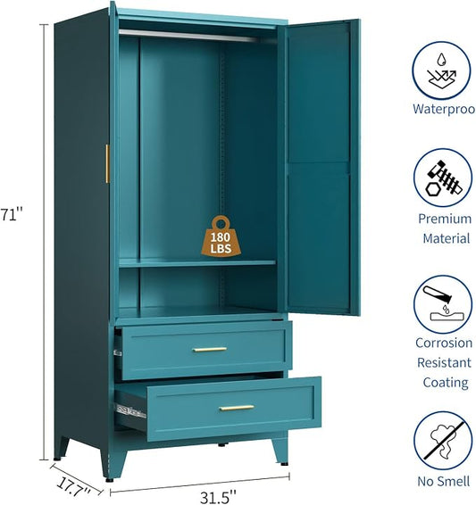 Steel Armoire Wardrobe Closet, 71" Metal Clothing Storage Cabinets with 2 Doors, 2 Drawers and 1 Adjustable Shelf, Blue Wardrobe Cabinet with Hanging Rod for Bedroom, Gym