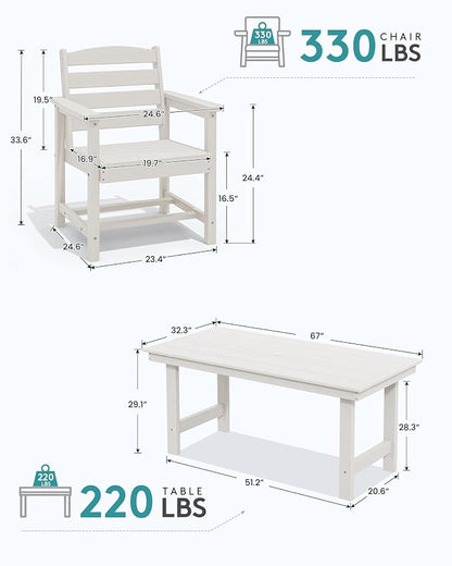 SERWALL 7-Piece Patio Dining Table Sets, Outdoor HDPE Dining Furniture Set with Umbrella Hole Cut-Out Table and 6 Chairs, White