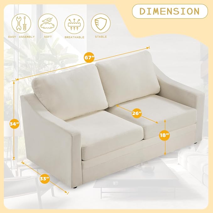 67” Chenille Loveseat Sofa w/Comfortable Back Cushions, Beige | Modern 2-Seat Couch w/Deep Seat Space, Upholstered 2 Seaters Sofa w/High Resiliency Foam for Living Room