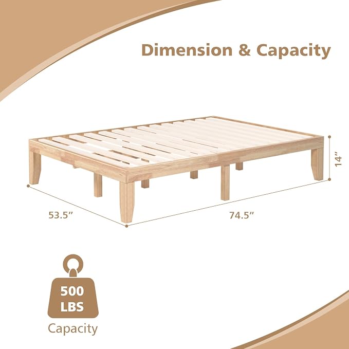 COSTWAY Full Size Wood Platform Bed Frame, 14 Inches Solid Rubber Wood Bed Mattress Foundation with Sturdy Slats Support, Easy Assembly Bed Frame for Home Hotel, No Box Spring Needed (Natural, Full)