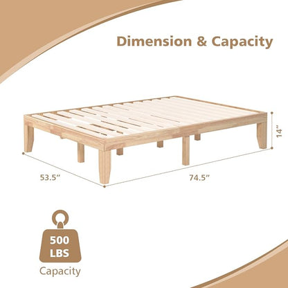 COSTWAY Full Size Wood Platform Bed Frame, 14 Inches Solid Rubber Wood Bed Mattress Foundation with Sturdy Slats Support, Easy Assembly Bed Frame for Home Hotel, No Box Spring Needed (Natural, Full)