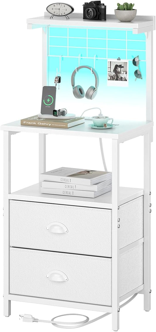 sthmec Tall Nightstands with Charging Station, LED Night Stand Bedsides with 2 PU Finish Fabric Drawers,Hooks,USB Port and Oepn Storage Shelves,Tall End Table Bedside for Bedroom,Office, White
