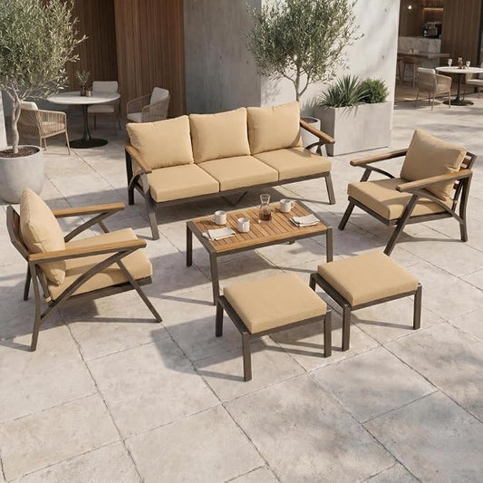 6-Piece Outdoor Patio Furniture Set, Steel Frame Sofa Set with 3-Seat Couch, 2 Armchairs, 2 Ottomans Coffee Table, Cushioned Seating for Backyard, Garden, Poolside, Brown Cushion