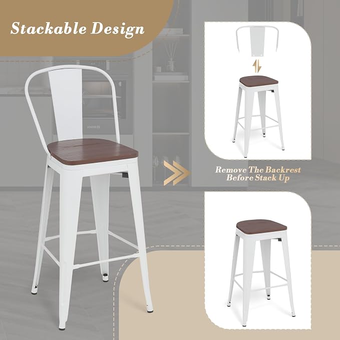 Athena Collection Counter Height Bar Stools Set of 2, 30.5 Inches Modern Barstools Set of 2 with Back and Metal Legs, Counter Height Bar Stool Chairs for Kitchen Island, Home, Dining Room, White