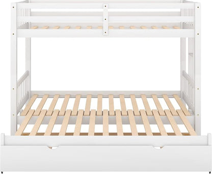 Extendable Bunk Bed with Trundle, Twin Over Double Twin Bunk Bed Frame, Upgraded Version Wooden Bunk Bed with Trundle, Pull-Out Bunk Bed Frame Can Be Extendable, No Spring Box Needed, White