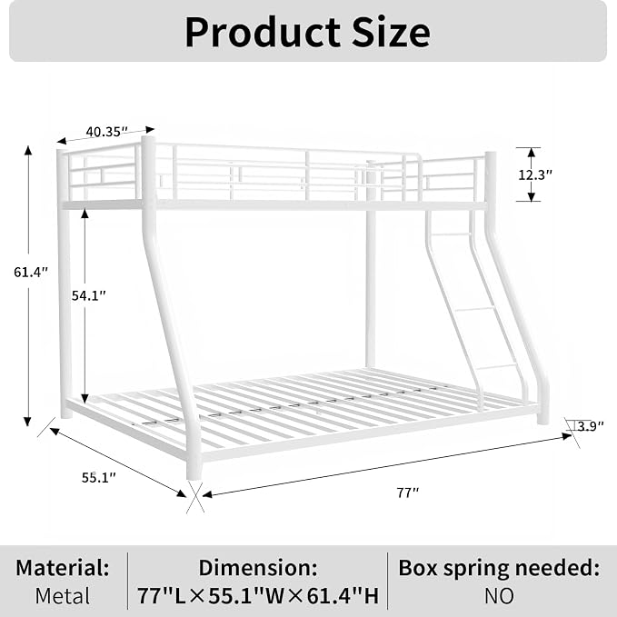 Metal Bunk Bed Twin Over Full Size with Removable Stairs, Heavy Duty Sturdy Frame with Full Length Safety Guardrail for Teen & Adults, Teens, No Box Spring Needed (White)