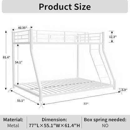 Metal Bunk Bed Twin Over Full Size with Removable Stairs, Heavy Duty Sturdy Frame with Full Length Safety Guardrail for Teen & Adults, Teens, No Box Spring Needed (White)