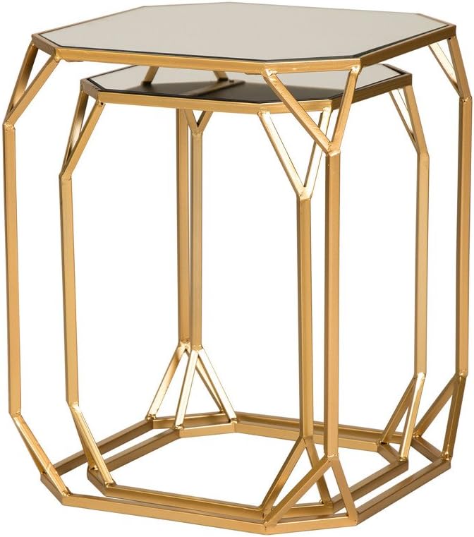 Glitzhome Modern Nesting Tables, Set of 2 Coffee Table with Tempered Glass Top, Side/End Tables for Living Room Bedroom, Accent Tea Tables with Metal Frame - Golden