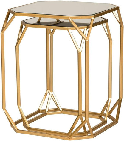 Glitzhome Modern Nesting Tables, Set of 2 Coffee Table with Tempered Glass Top, Side/End Tables for Living Room Bedroom, Accent Tea Tables with Metal Frame - Golden