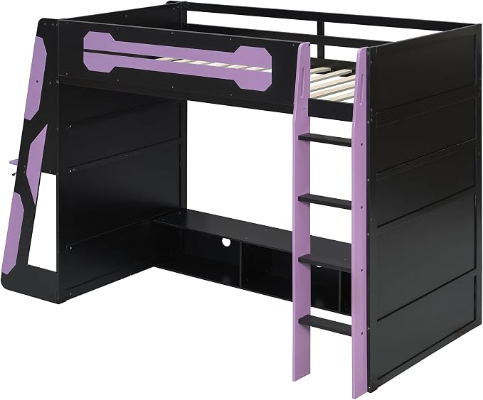Merax Twin Size Loft Bed with Desk, Multi-Storage Shelves and RGB Light | Space-Saving Wooden Gaming Bed Frame with Charging Station and Guardrail