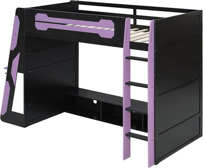 Merax Twin Size Loft Bed with Desk, Multi-Storage Shelves and RGB Light | Space-Saving Wooden Gaming Bed Frame with Charging Station and Guardrail