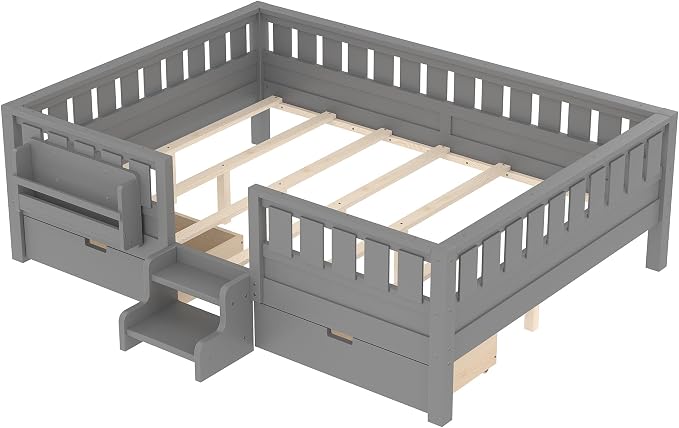 Bellemave Queen Size Kids Bed with high Rails and with Built-in Bookshelf and Drawers for Kids, Girls, Boys, Wood Montessori Bed Without Door, Gray