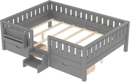 Bellemave Queen Size Kids Bed with high Rails and with Built-in Bookshelf and Drawers for Kids, Girls, Boys, Wood Montessori Bed Without Door, Gray