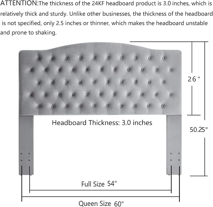 24KF Upholstered Tufted Button Velvet Headboard,Comfortable Fashional Headboard Queen/Full Size, Gray