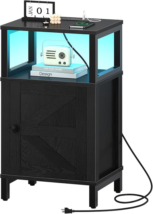 Yoobure Farmhouse NightStand with Charging Station，Wood Night Stand End with USB Ports, LED Bed Side Table with Storage Cabinet，Bedside Table for Bedroom, Living Room Black