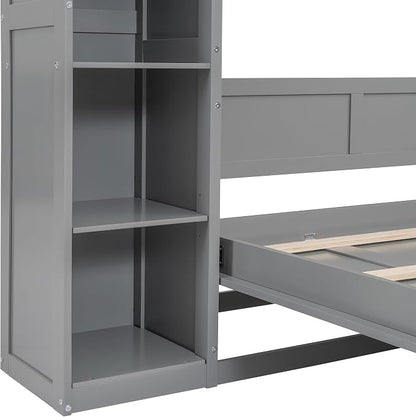 MERITLINE Full Murphy Bed Kit with Storage 8 Shelves and LED Lights, Wood Murphy Bed Cabinet Murphy Bed in a Cabinet Grey Murphy Wall Bed Units Full Size, LP00069