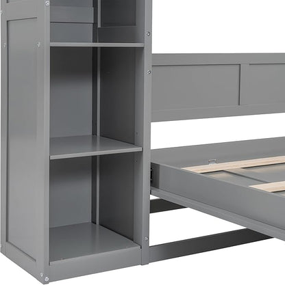 Ball & Cast Full Size Murphy Bed Wall Bed with Shelves and LED Lights,can be Folded,Hideaway Cabinet Bedframe W/ 2 Five-Layer Cabinets,Slat Support,No Box Spring Needed,for Apartment,Bedroom,Gray
