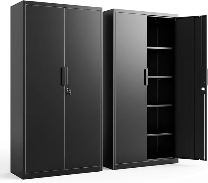 Tall Steel Garage Storage Cabinet with Lock - 72" H Heavy Duty Metal Storage Locker with 4 Adjustable Shelves for Home, Office, Black