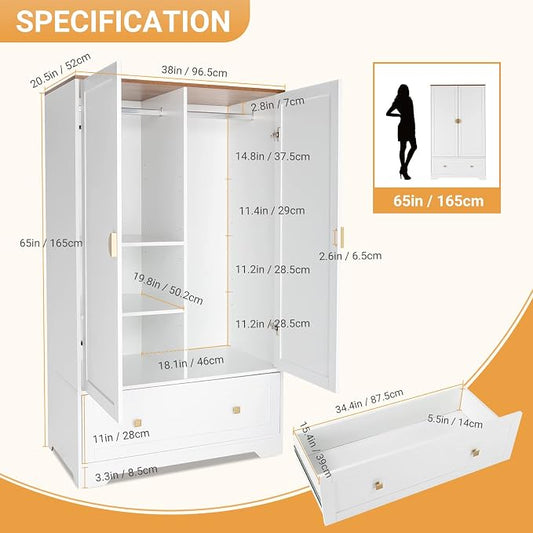 VINGLI 38" Wide Wardrobe Closet, White Armoire Wardrobe with Hanging Rod, Shelves and Drawer, Freestanding Closet Armoire Cabinet,Armoires and Wardrobes with Doors for Bedroom,Dorm,21"D x 38"W x 65"H