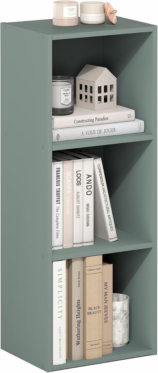 Furinno LUDER Book Shelf, 3-Cube Bookshelf, Bookcase with Open Shelves, 9.3 x 12 x 31.5, Easy Assembly, for Living Room, Bedroom, Home Office, Sage Green