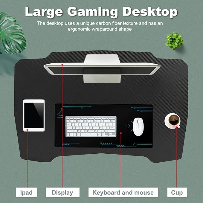 BestOffice Gmaing Desk 35.4in PC Computer Desk, Blue Ergonomic Gaming Table Z Shaped Gaming Workstation with Headphone Hook for Home Office，Blue