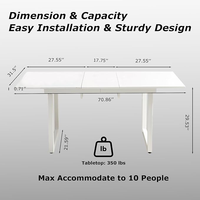 Extendable Dining Table for 4-8 People,70.86''Modern Space-Saving Kitchen Table with Metal Legs,Rectangle Folding Conference Meeting Table for Living Meeting Room Kitchen,White