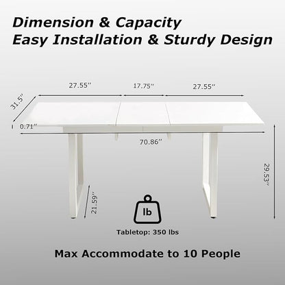 Extendable Dining Table for 4-8 People,70.86''Modern Space-Saving Kitchen Table with Metal Legs,Rectangle Folding Conference Meeting Table for Living Meeting Room Kitchen,White