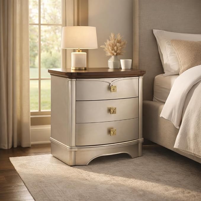 First of a Kind Traditional Wood Nightstand - Curved Frame, Carved Detailing, 28-Inch Wide - Classic European Style Bedroom Furniture with Soft Champagne Finish