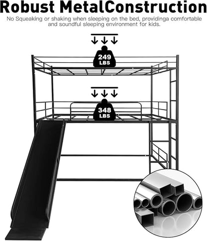 Triple Bunk Bed with Slide, Full Over Full Over Full Metal Bunk Bed with Guardrail and Ladder, Heavy Duty Triple Bed Frame for 3 Teenagers/Adults, No Box Spring Needed,Easy Assembly