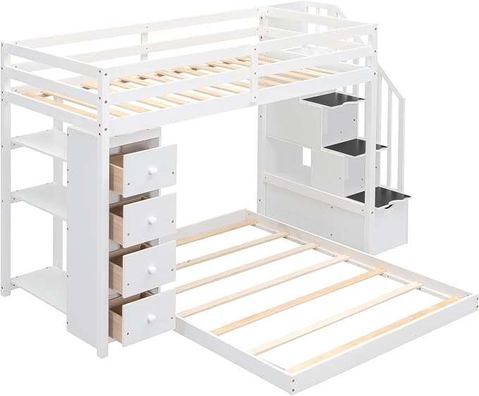Ball & Cast Twin Over Full Bunk Bed with Safty Guardrail & Storage Stairs,Wood Bedframe W/ 3-Layer Shelves & Drawers,Easy Assembly,Space Saving,Compact Bedroom Furniture Set for Boy Girl Teens,White
